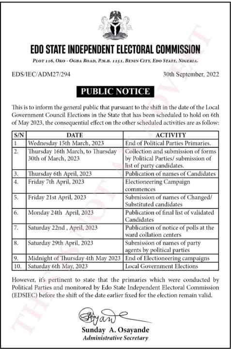 New Timetable for Edo Council Elections