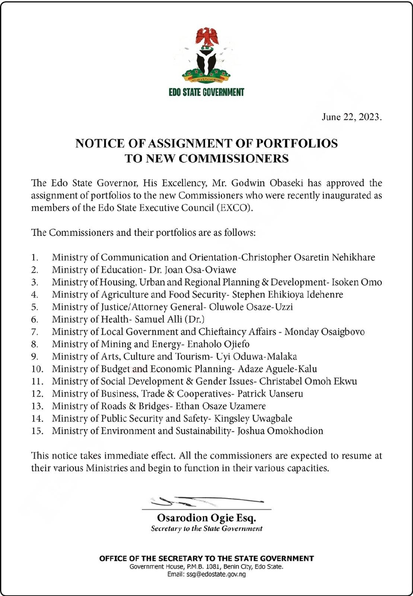 Edo New Commissioners and their Portfolios